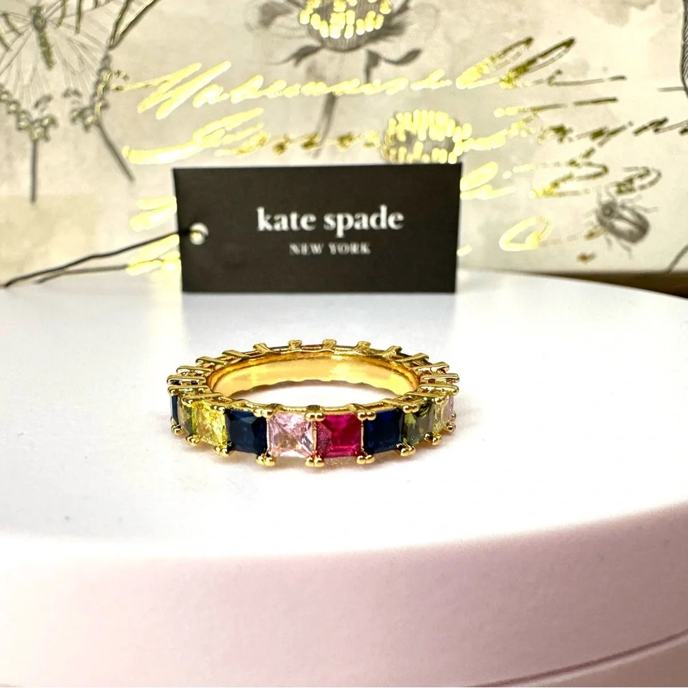 Kate Spade rain or shine stacking Goldtone Ring Set with Pearl & Crystals Size 7